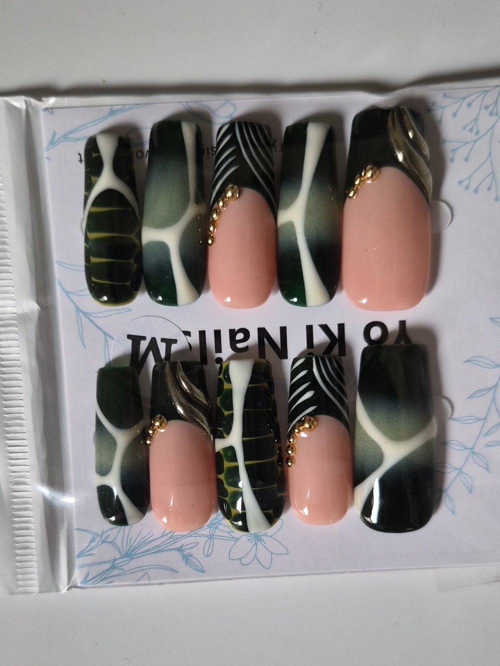 Green & Nude Press-On Nail Set with Gold Accents